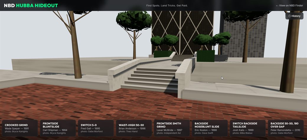 Hubba Hideout: a 3D recreation of the iconic San Francisco skate spot with a timeline of legendary tricks landed there