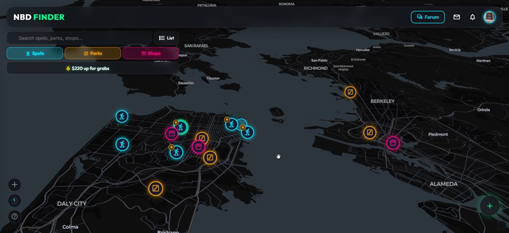 NBD Finder web app: an interactive neon map of skateboarding spots, parks, and shops across the San Francisco Bay Area