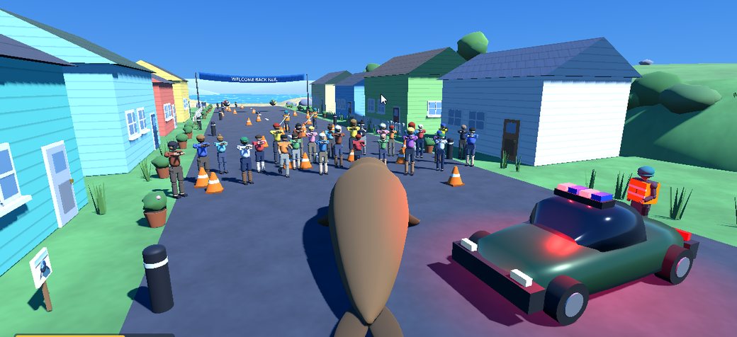 Neil the Seal: a low-poly 3D seaside town where an enormous seal blocks the main road amid scattered traffic cones, as a crowd of onlookers with cameras and a police car gather beneath a banner reading Welcome Back Neil